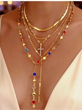 Gold Layered Necklace Set with Multicolor Gemstone Beads & Chains - 5pcs